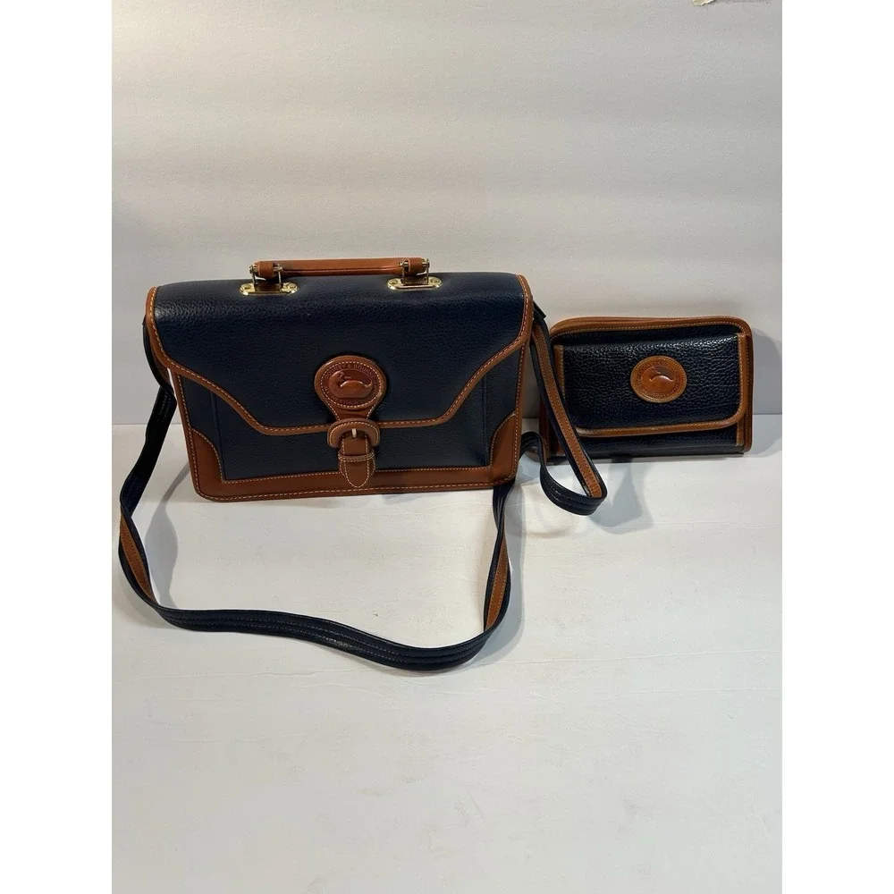 Dooney & Bourke AWL Navy Tan Leather Satchel Briefcase Crossbody + Wallet USA